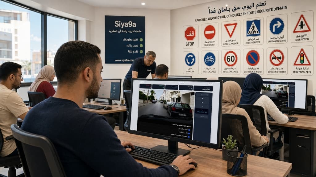مترشحون يتدربون على أسئلة امتحان السياقة داخل قاعة تعليمية